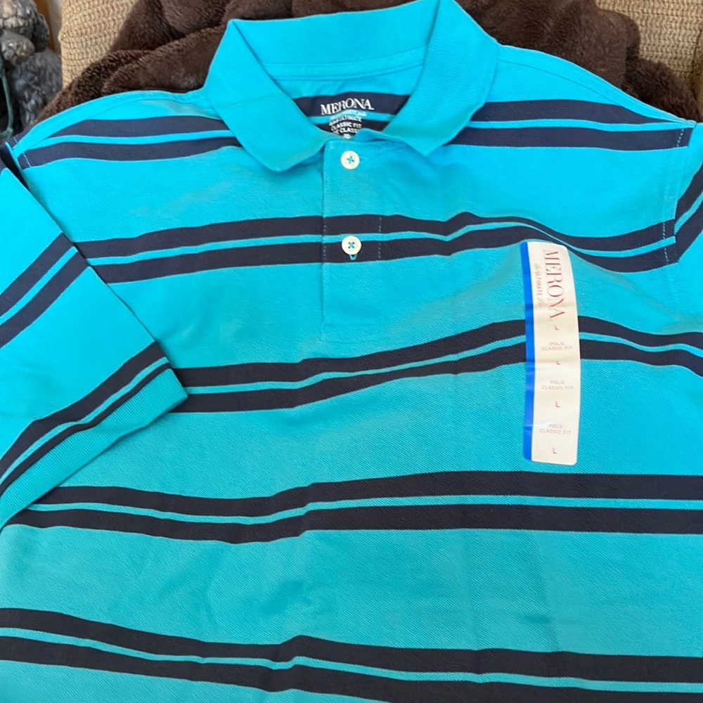 Men’s Merona Teal Blue & Black L Polo Shirt W/Classic Stripes. 100% Cotton. NWT.